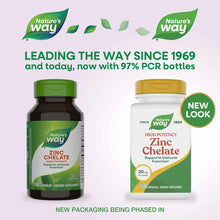 Nature's Way Zinc Chelate 30 mg dietary supplement bottles in old and new packaging designs, 100 capsules each.