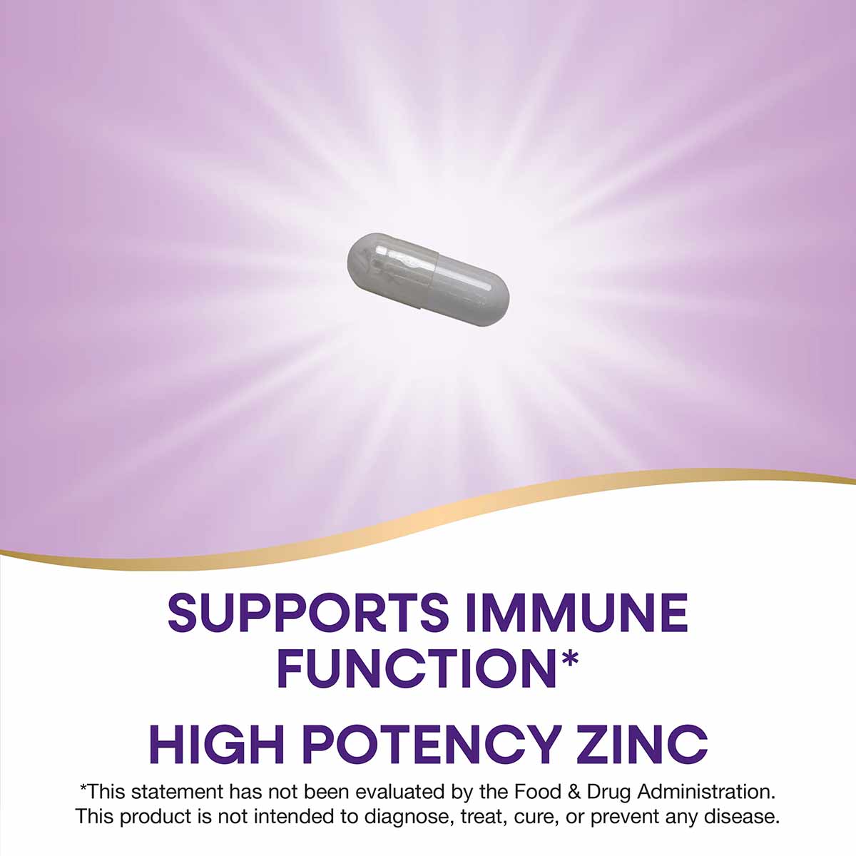 Gray oval capsule supplement on purple and white background with gold accent stripe.