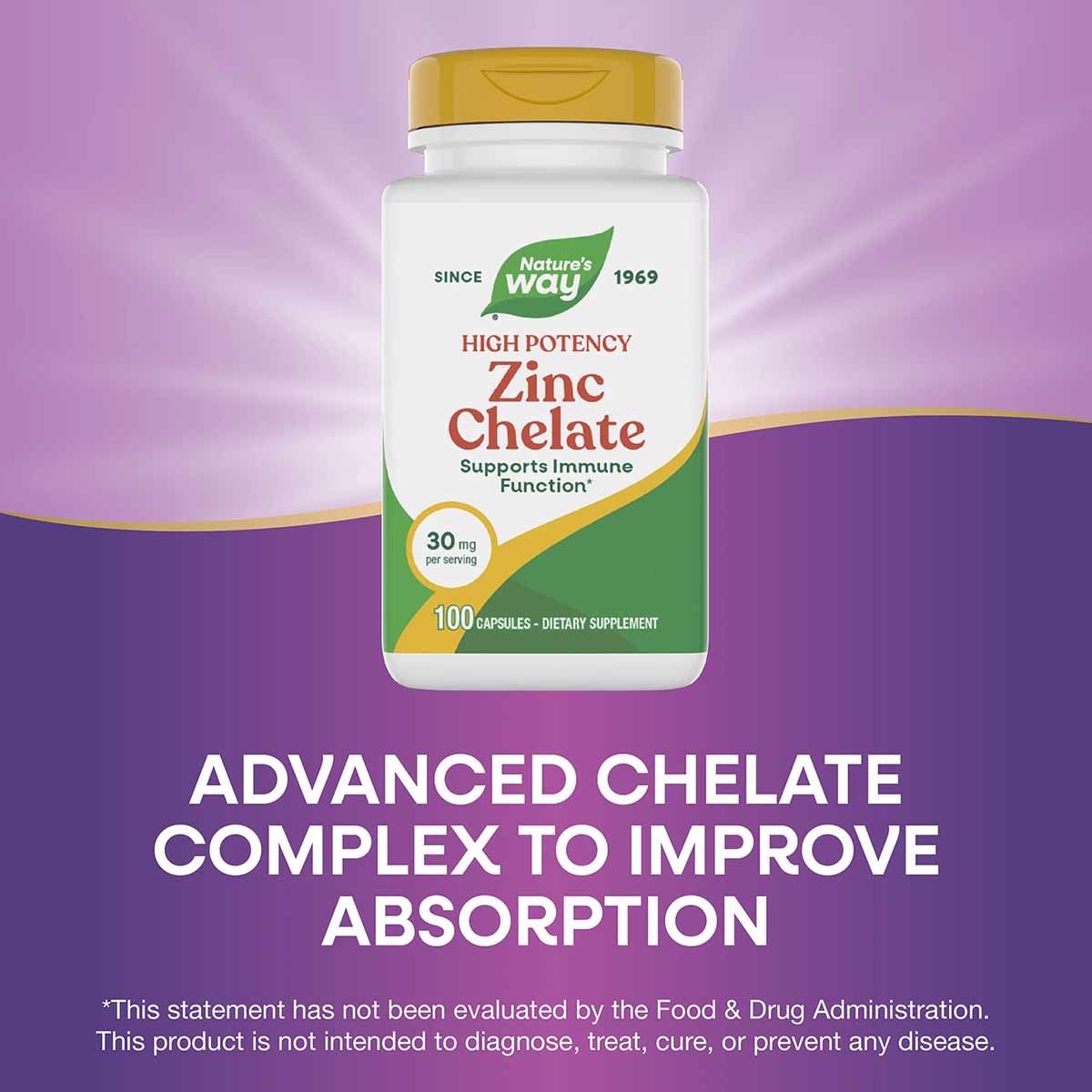 Nature's Way Zinc Chelate 30 mg bottle with yellow cap containing 100 capsules on purple background.