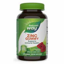 Nature's Way Zinc Gummy bottle with green cap containing 120 mixed berry flavored gummies, 22 mg per 2-gummy serving.