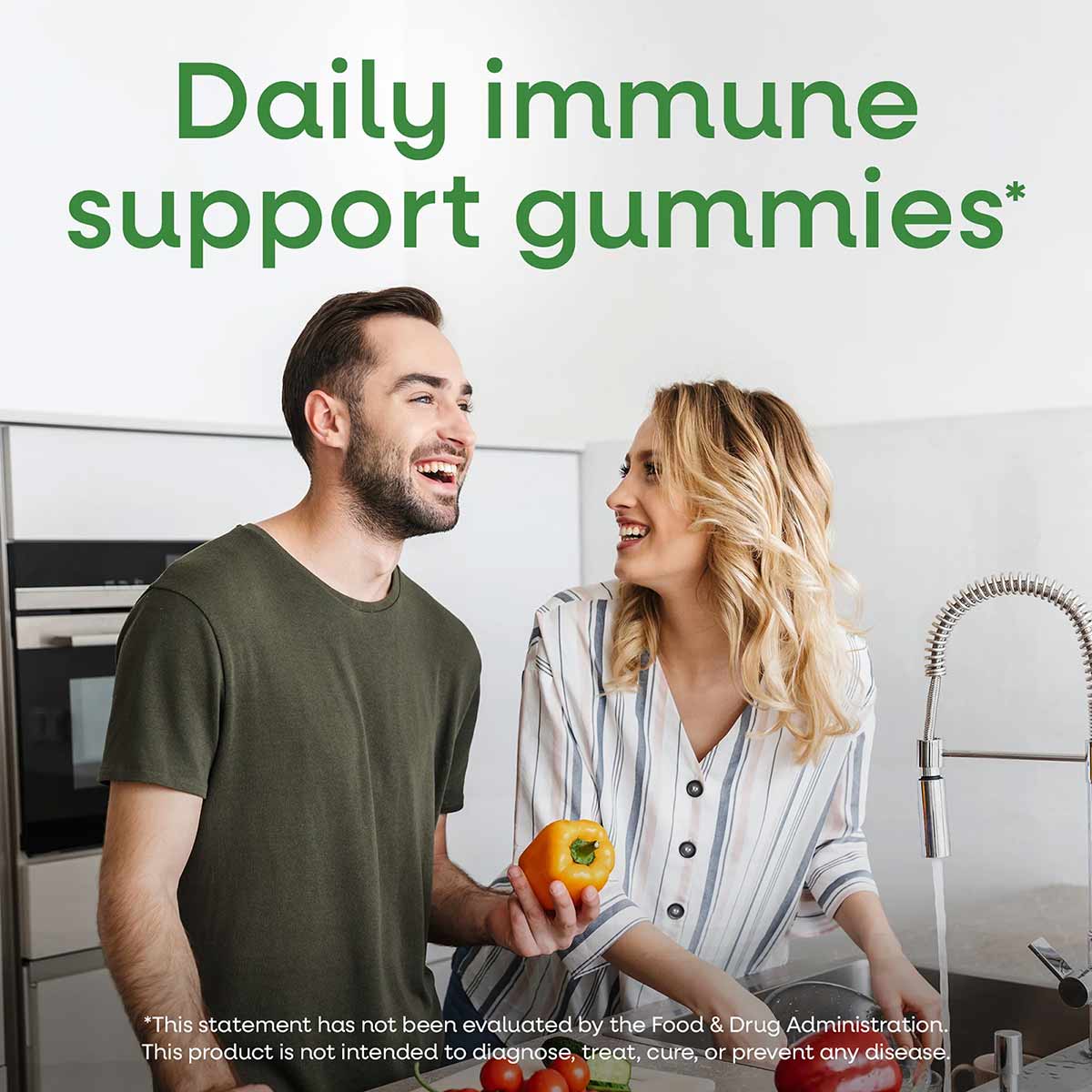 Bottle of Nature's Way Zinc Gummies 11 mg displayed with two people in a kitchen holding fresh produce.