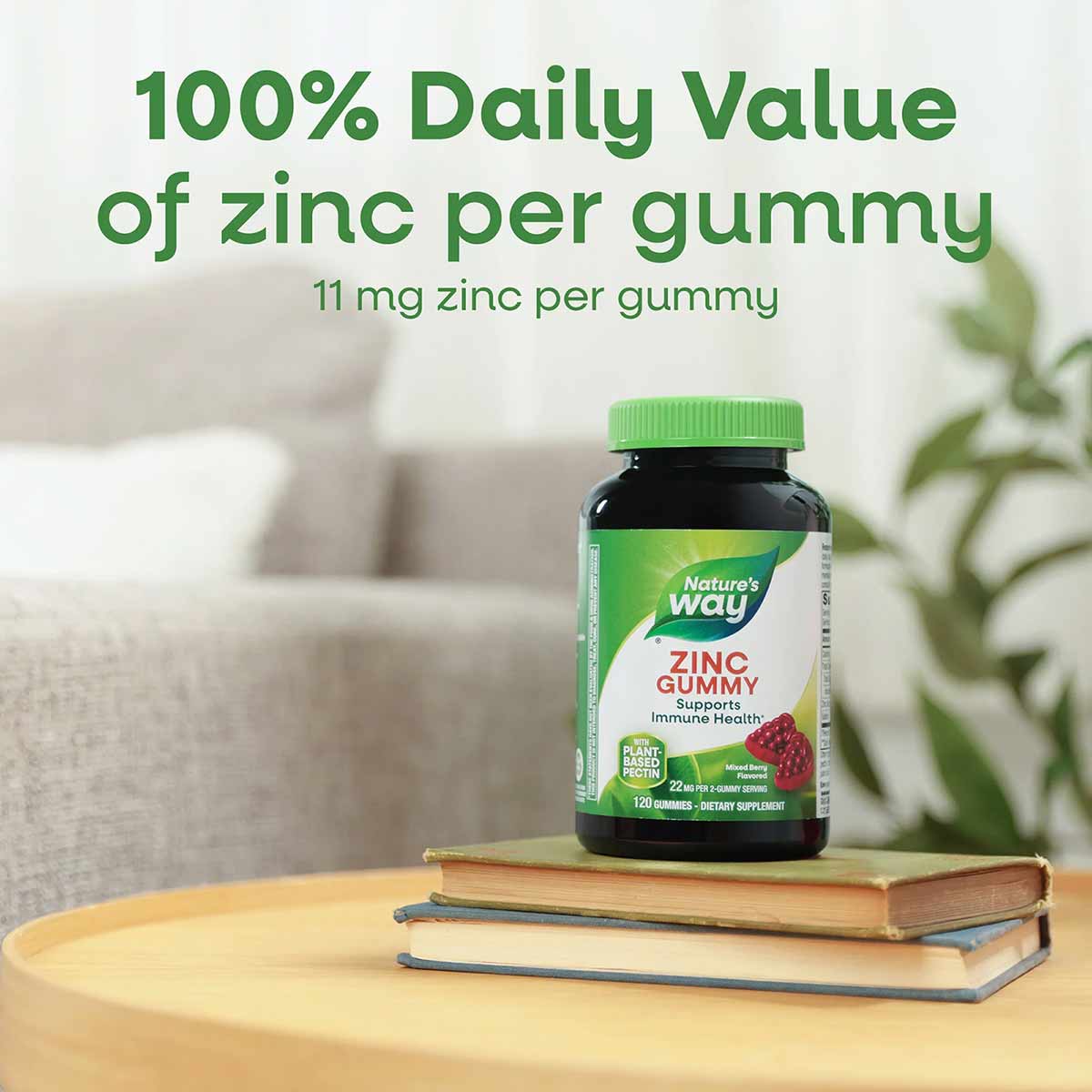 Nature's Way zinc gummy bottle with green cap on stacked books, contains 11 mg zinc per gummy.
