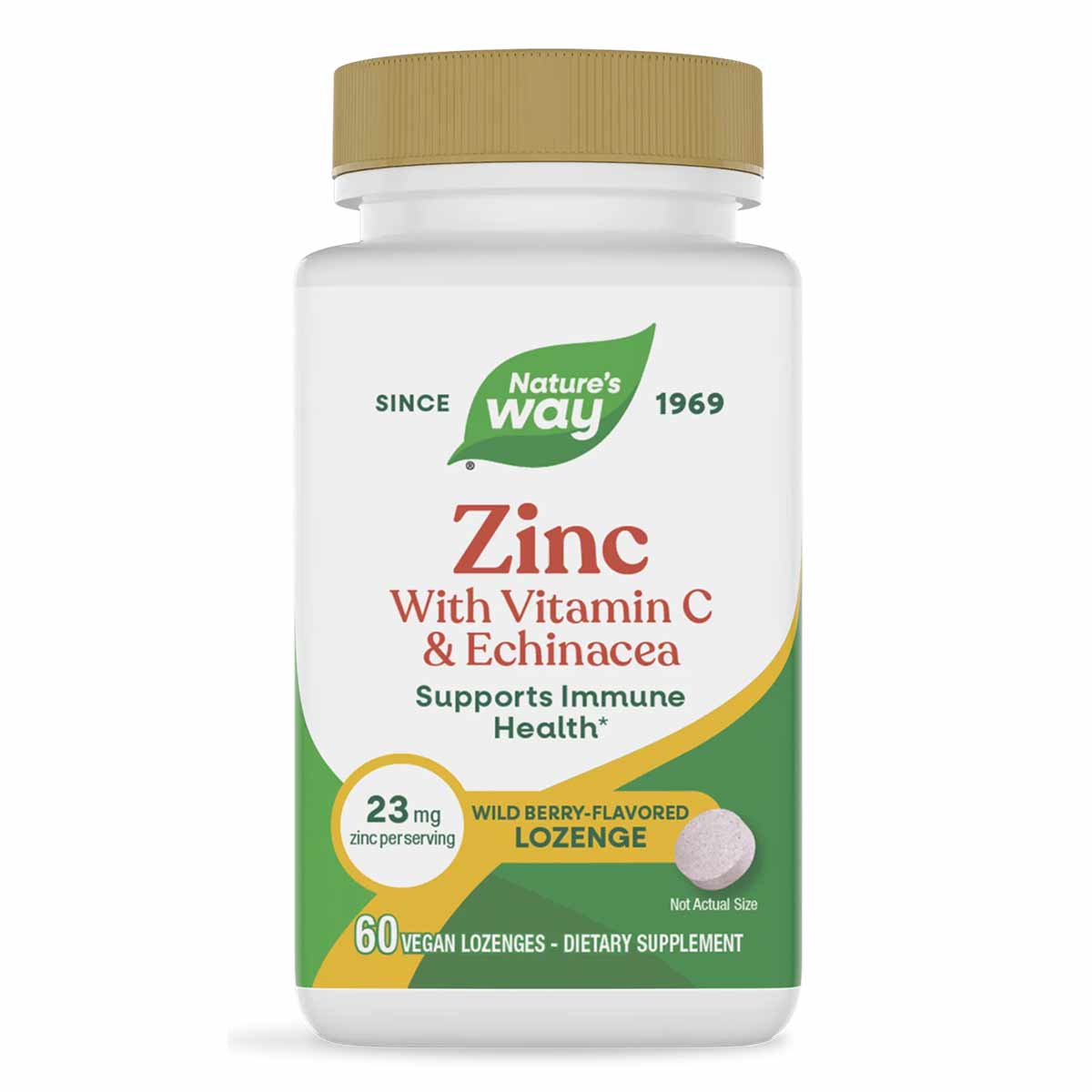 Nature's Way Zinc lozenges bottle with gold cap containing 60 wild berry-flavored vegan lozenges with vitamin C and echinacea