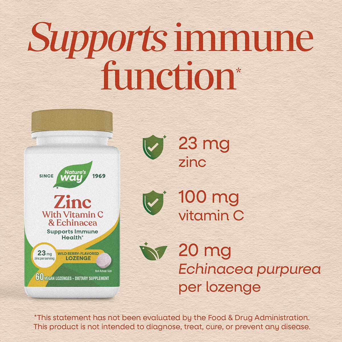 Nature's Way zinc lozenge bottle with gold cap containing wild berry-flavored lozenges, 60 count.