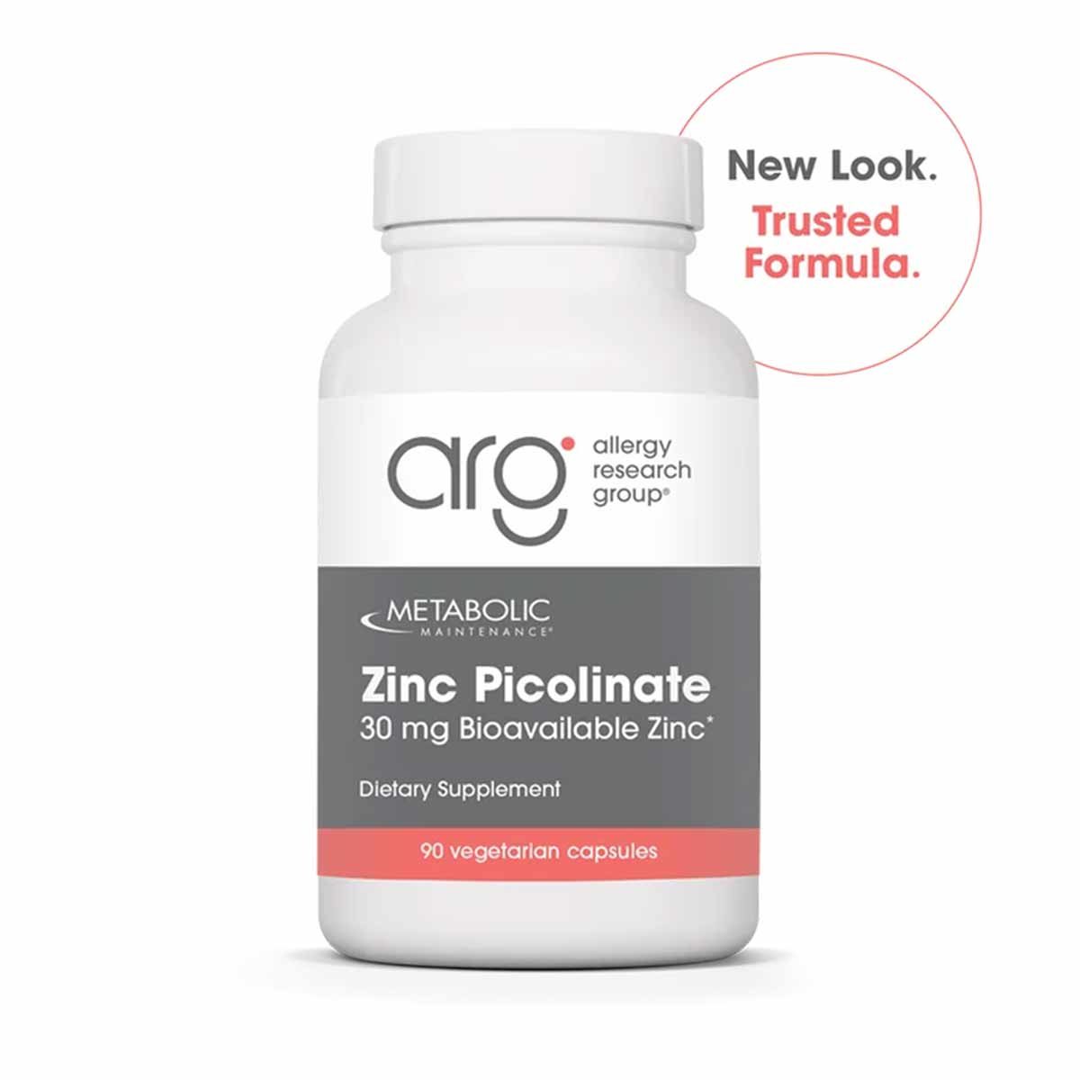 White supplement bottle with gray and coral label showing Allergy Research Group Zinc Picolinate 30 mg, 90 vegetarian capsule
