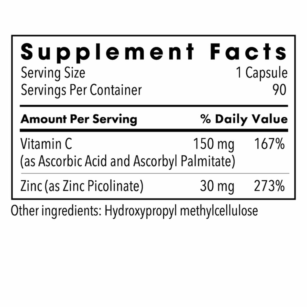 Supplement Facts label showing Zinc Picolinate 30 mg per capsule and Vitamin C 150 mg, 90 servings per container.