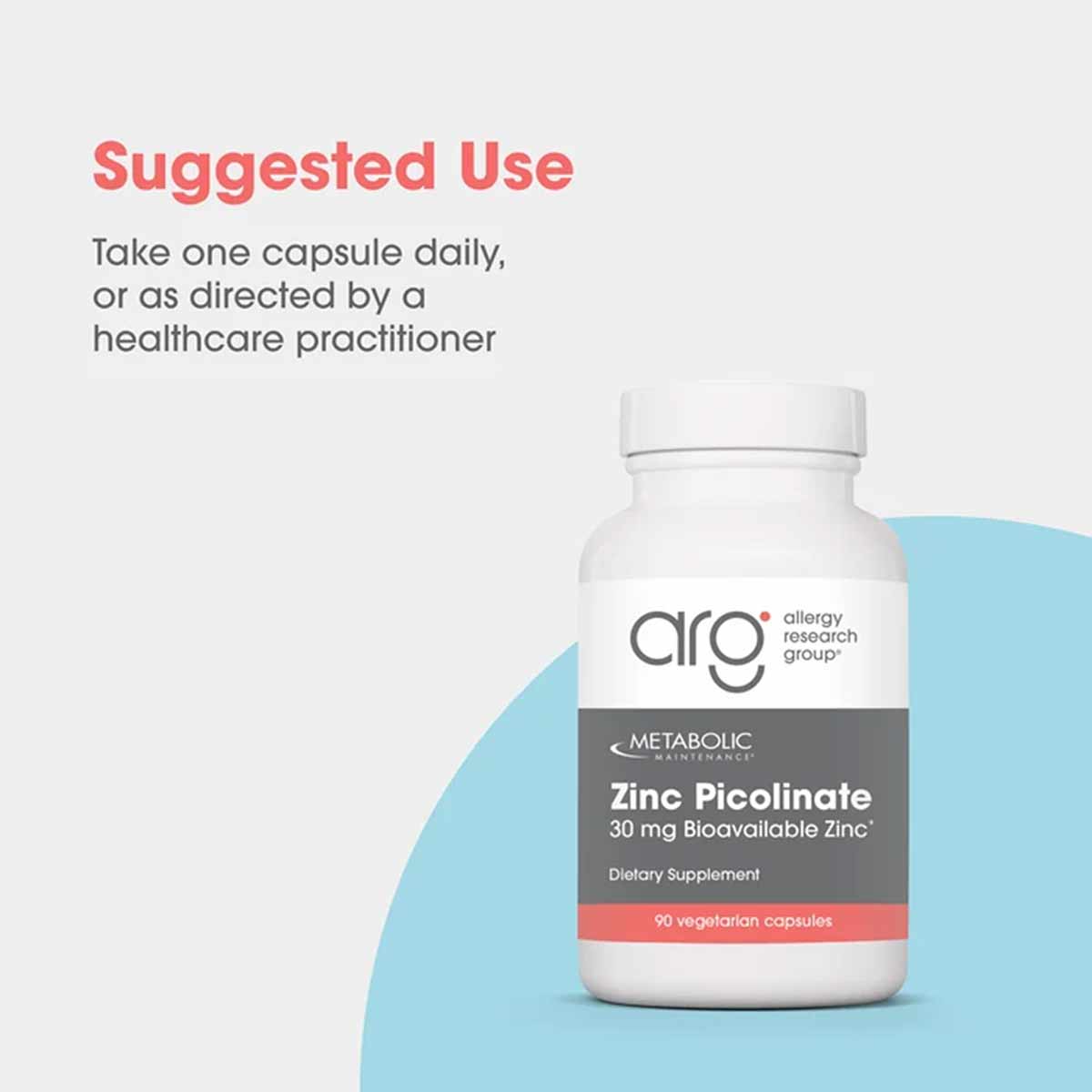 White bottle of Allergy Research Group Zinc Picolinate 30 mg dietary supplement with gray and coral label, containing 90 vege