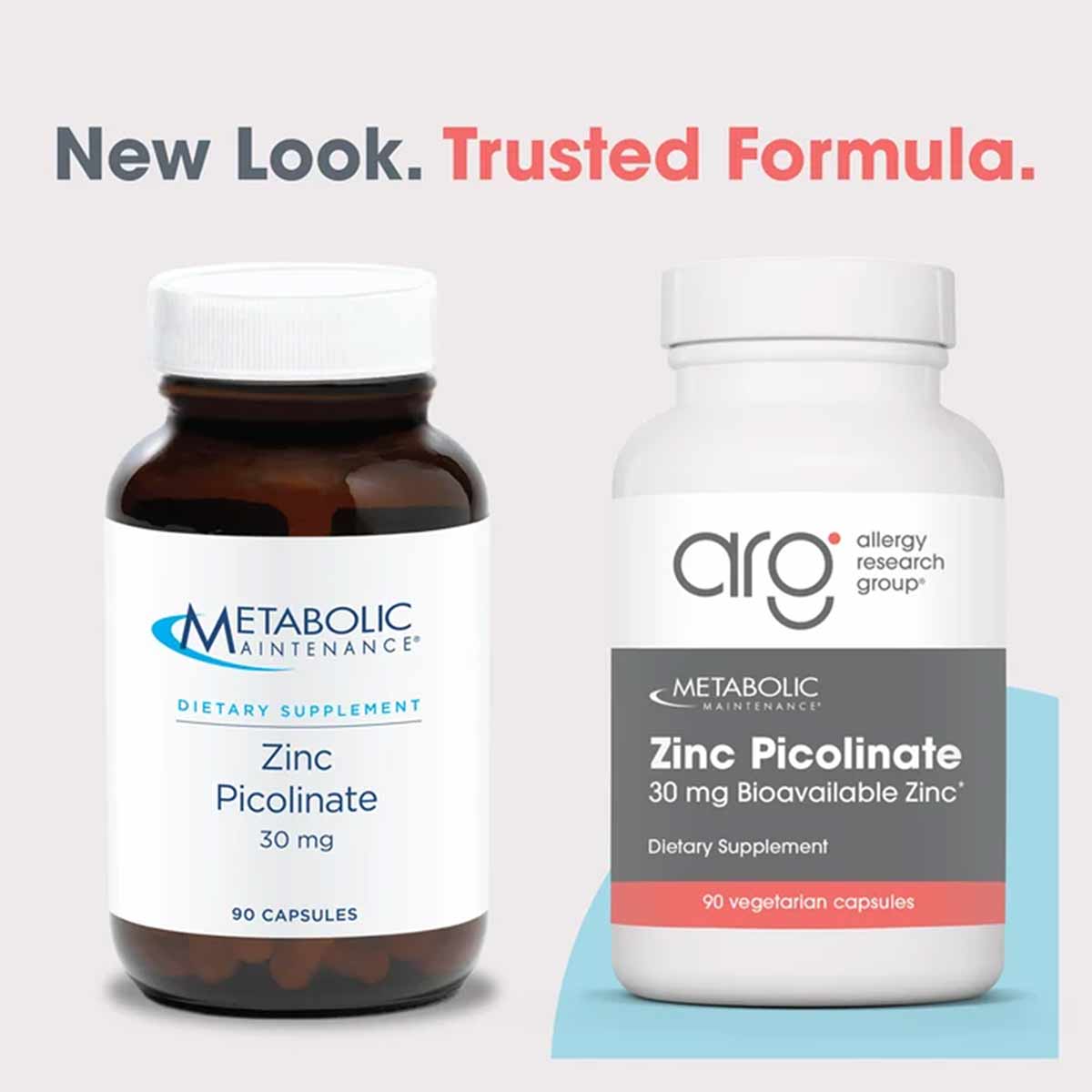 Two bottles of Zinc Picolinate 30 mg dietary supplement capsules by Allergy Research Group, old and new packaging designs.