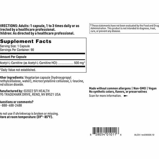 Acetyl-L-Carnitine 500 Mg, 90 Capsules, KL