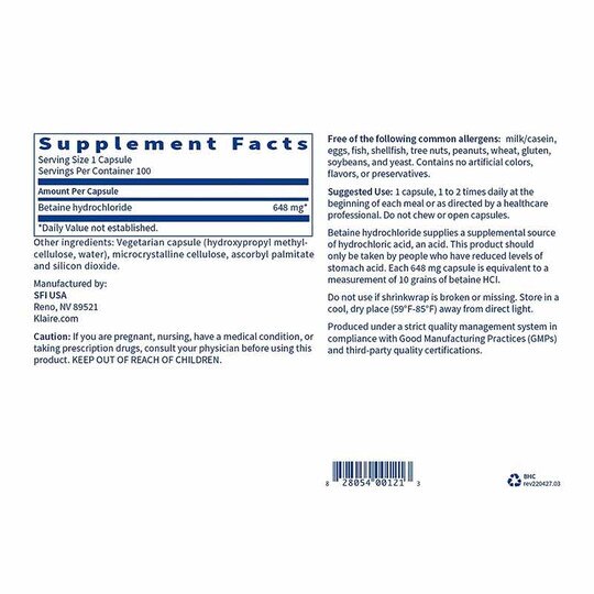 Betaine HCl, 100 Capsules, KL