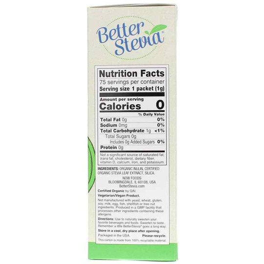 Better Stevia Organic Sweetener Packets, 75 Packets, NOW