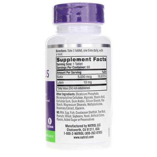 Biotin Plus Lutein 5,000 Mcg Extra Strength, 60 Tablets, NTR