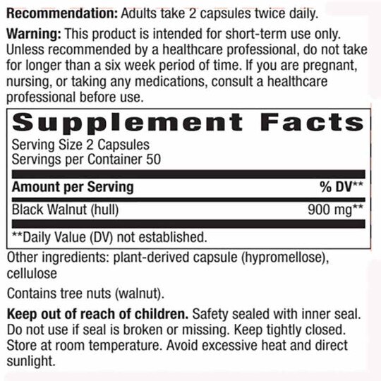 Black Walnut Hulls, 100 Vegan Capsules, NWA