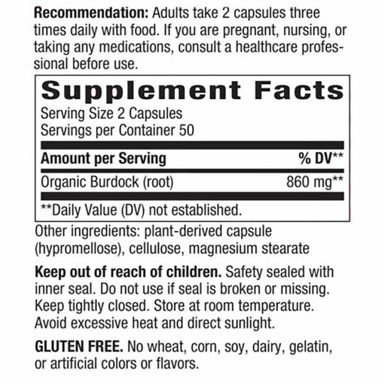 Burdock Root 475 Mg, 100 Vegan Capsules, NWA