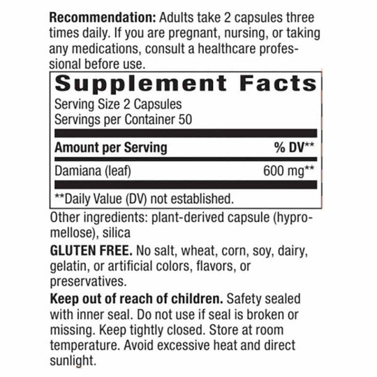 Damiana Leaves, 100 Vegan Capsules NWA