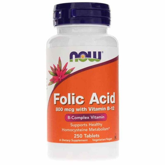 Folic Acid 800 Mcg with Vitamin B-12, 250 Tablets, NOW
