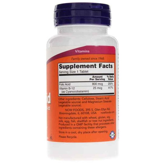Folic Acid 800 Mcg with Vitamin B-12, 250 Tablets, NOW