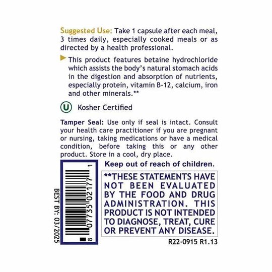 HCL Betaine Hydrochloride, 90 Veg Capsules, PRL