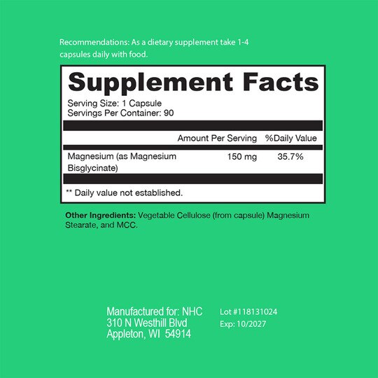 Magnesium Glycinate 150 Mg, 90 Veg Capsules, NHC
