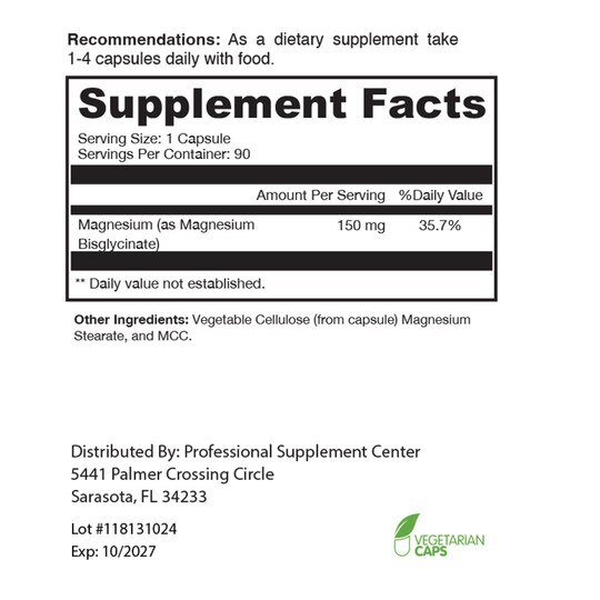 Magnesium Glycinate 150 Mg, 90 Veg Capsules, PSC