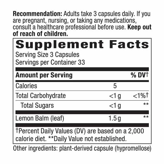 Melissa Lemon Balm Leaf, 100 Veg Capsules, NWA