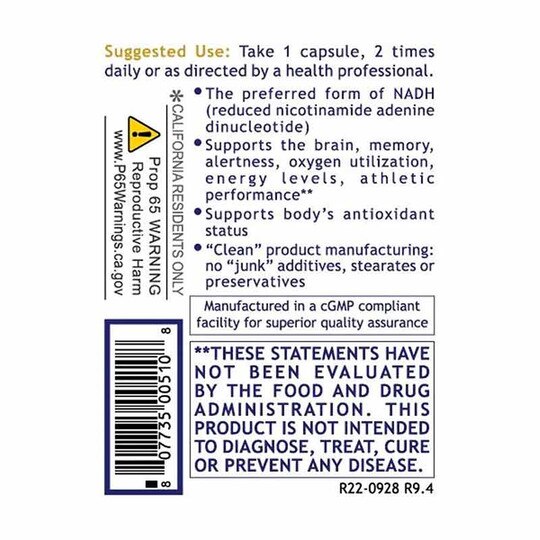 NADH 10 Mg Advanced Brain and Memory Support, 30 Veg Ca, PRL