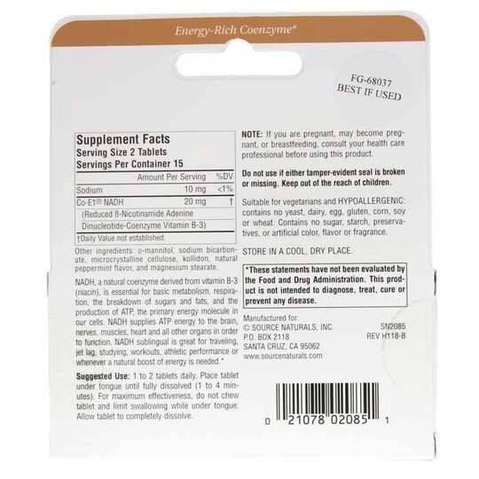 NADH 10 Mg Peppermint Lozenges, 30 Sublinguals, SNN