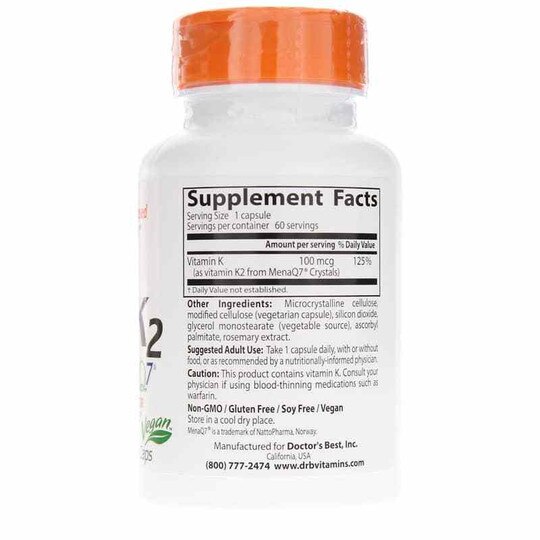 Natural Vitamin K2 MK-7 100 Mcg, 60 Veg Capsules, DRB