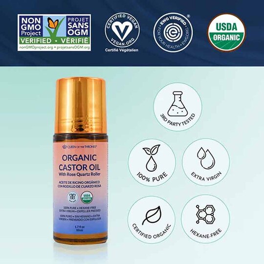 Organic Castor Oil with Rose Quartz Roller, 1.7 Oz, QOT