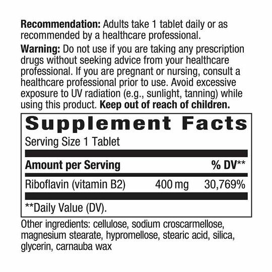 Riboflavin Vitamin B2 400 Mg, 30 Tablets, NWA