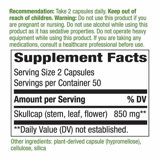 Skullcap Herb, 100 Veg Capsules, NWA