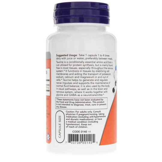 Taurine 500 Mg, 100 Capsules, NOW