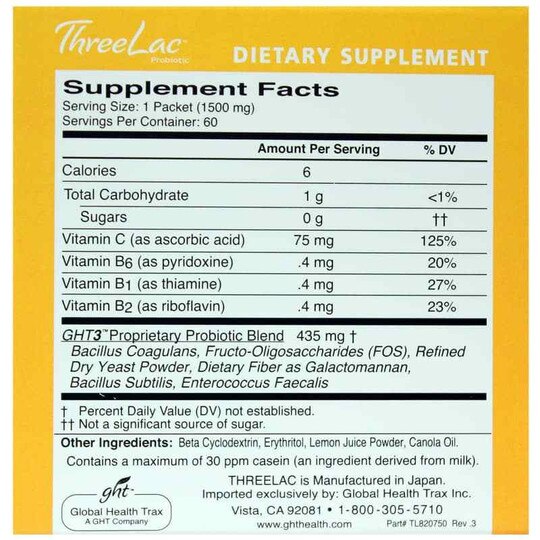 ThreeLac Probiotic Lemon Flavor, 60 Packets, GHT