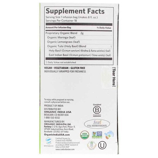 Tulsi Moringa Organic Tea, 18 Tea Bags, OGI