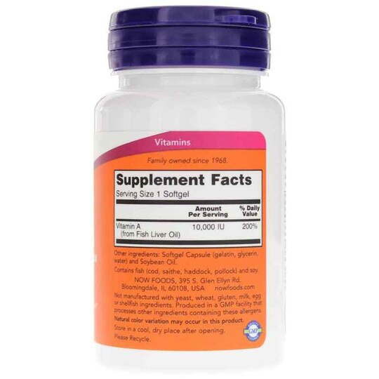 Vitamin A 10,000 IU from Fish Liver Oil, 100 Softgels, NOW