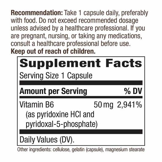 Vitamin B-6 50 Mg, 100 Capsules, NWA