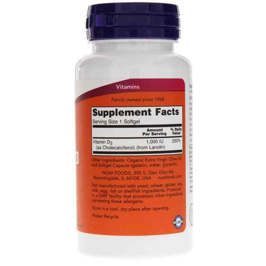 Vitamin D-3 1,000 IU, 180 Softgels, NOW