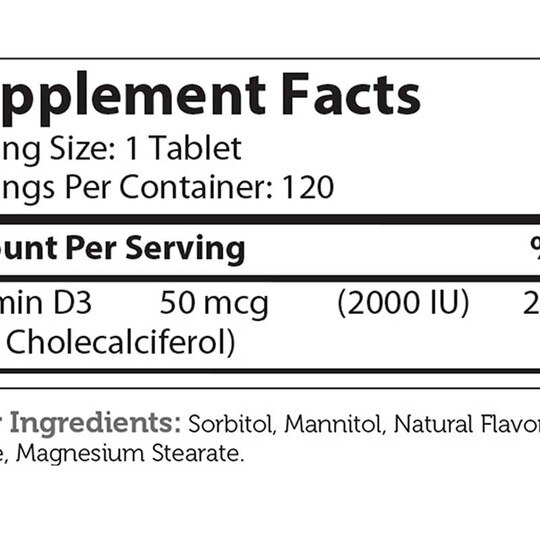 Vitamin D3 2000 IU Chewable, 120 Chewable Tablets, ZHL