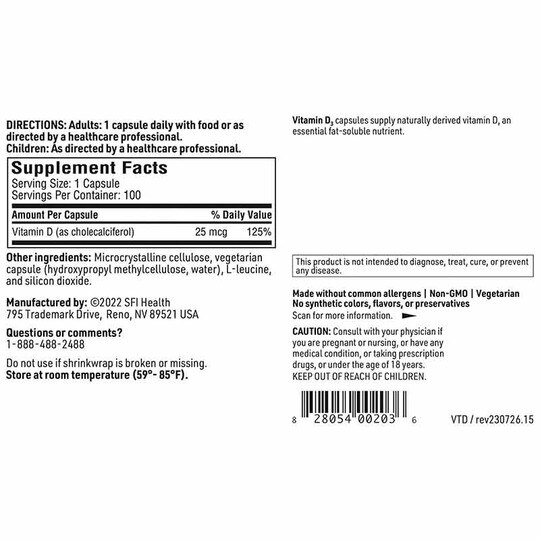 Vitamin D3 25 Mcg, 100 Capsules, KL