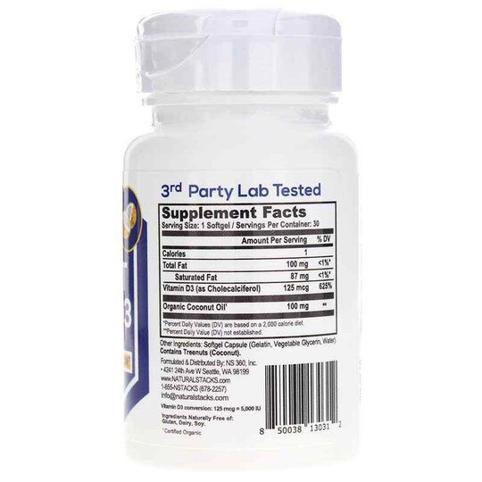 Vitamin D3 5000 IU with Organic Coconut Oil, 30 Softgels, NSK