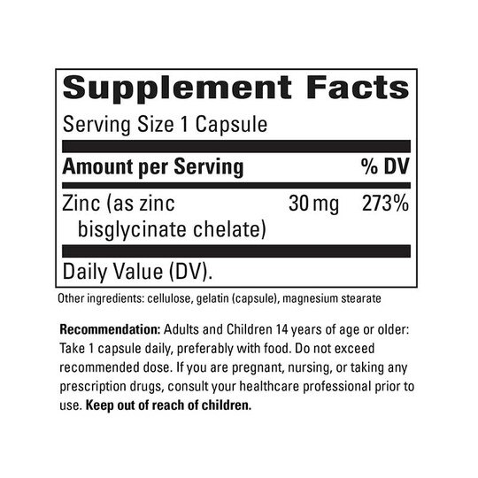Zinc Chelate 30 Mg Complex, 100 Capsules, INT